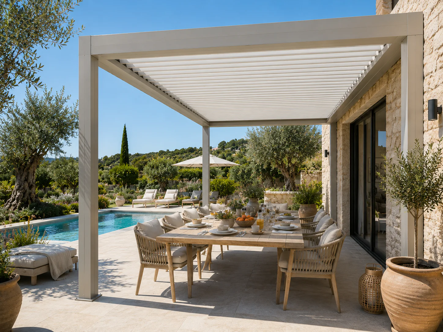 Terrasse aménagée sous une pergola personnalisée