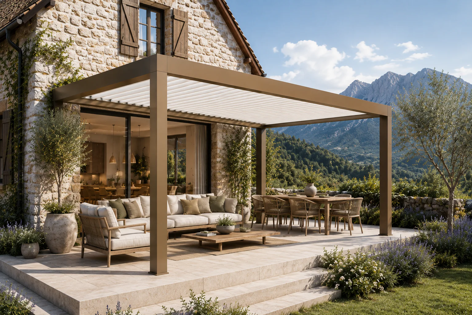 Pergola devant une maison en pierre