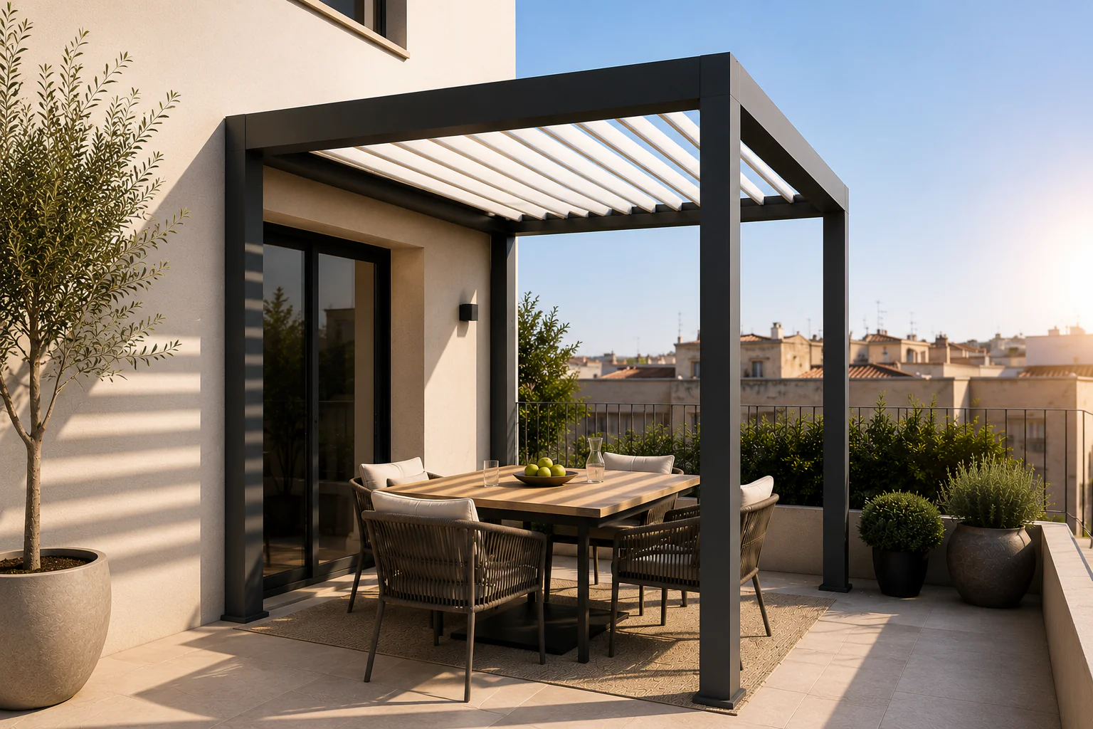 Pergola compacte sur une petite terrasse aménagée
