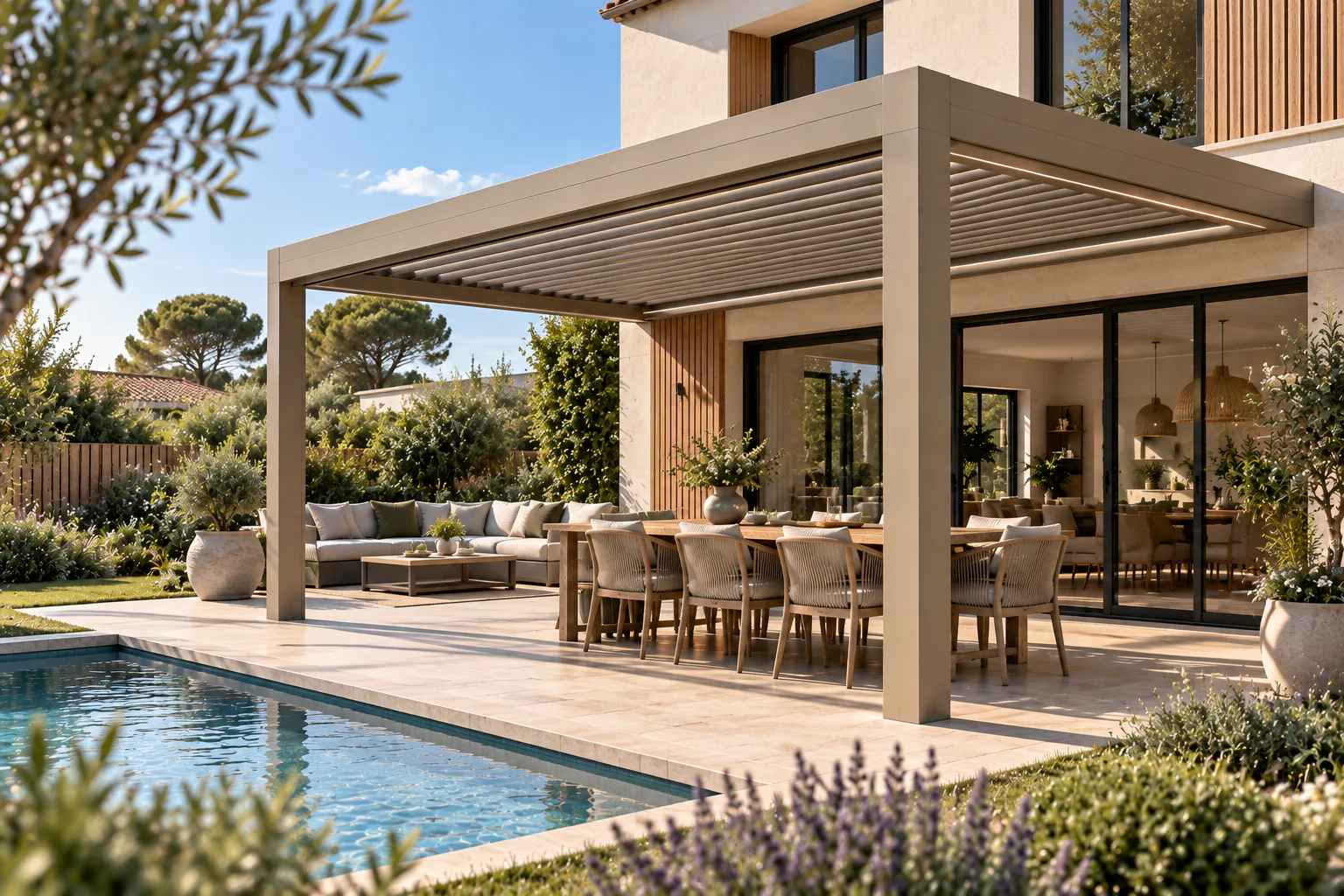 Pergola bioclimatique intégrée à une maison rénovée