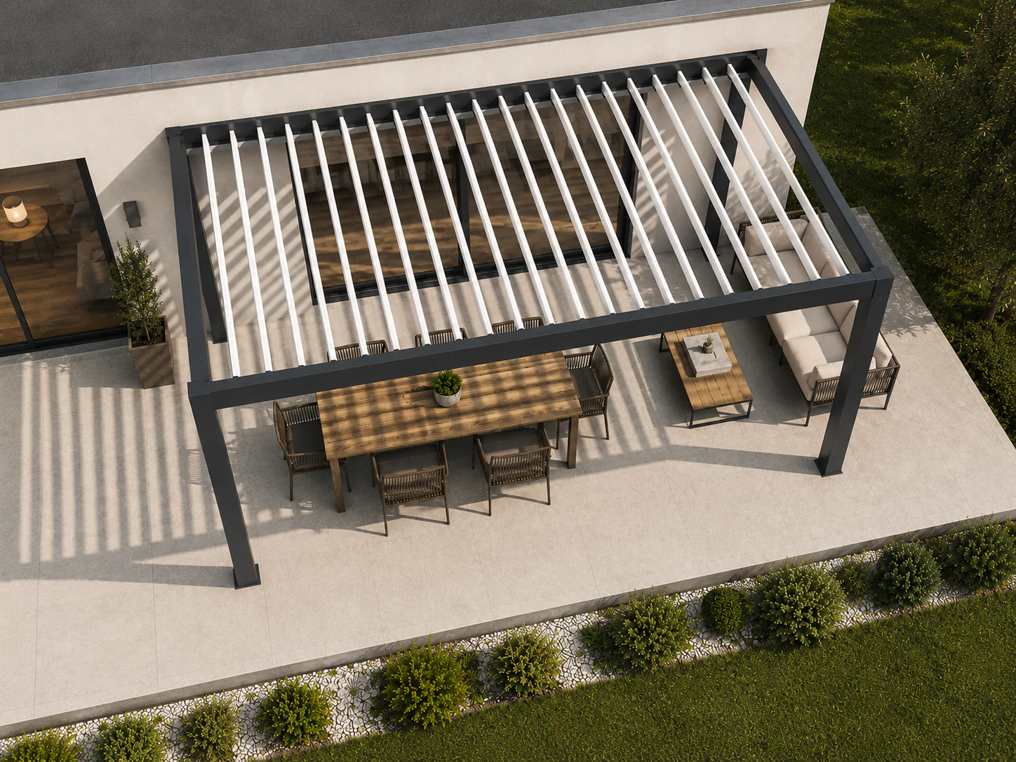 Lames ouvertes d’une pergola bioclimatique SOLE/ART