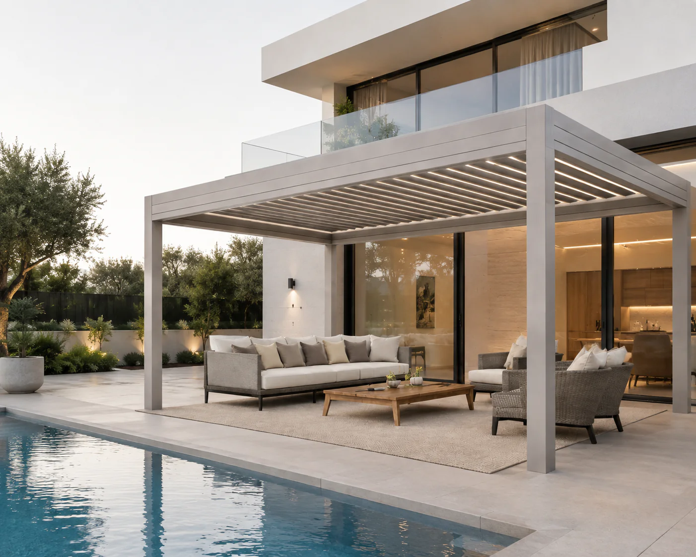 Pergola bioclimatique adossée à une maison