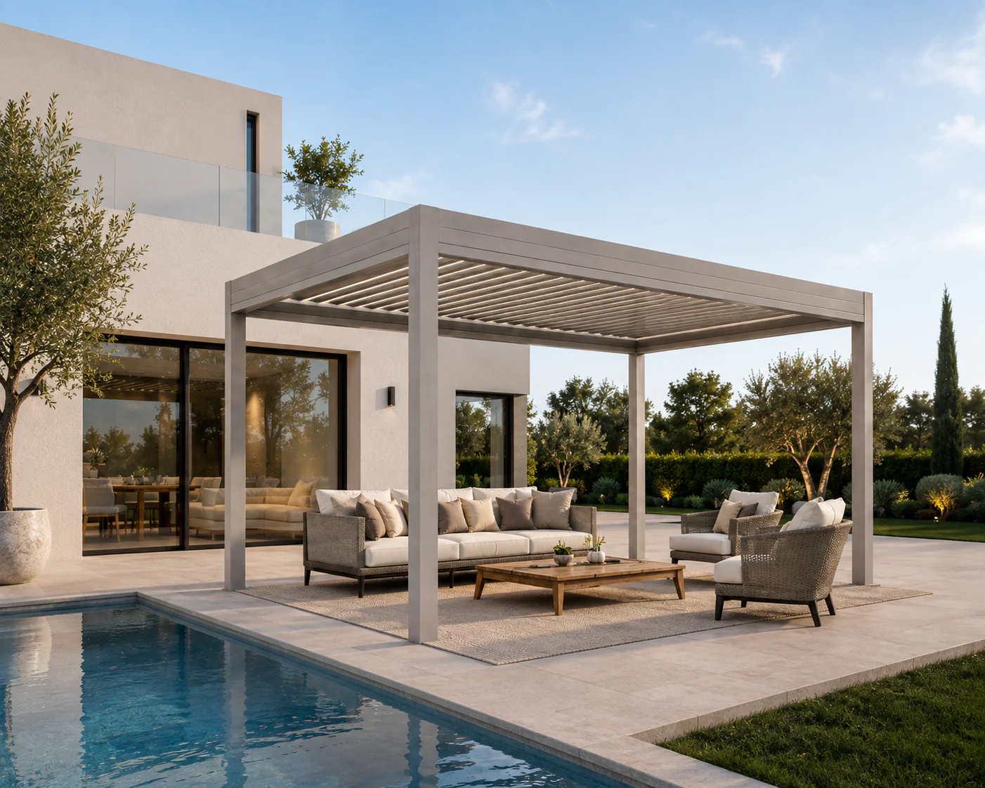 Pergola bioclimatique autoportée sur quatre poteaux