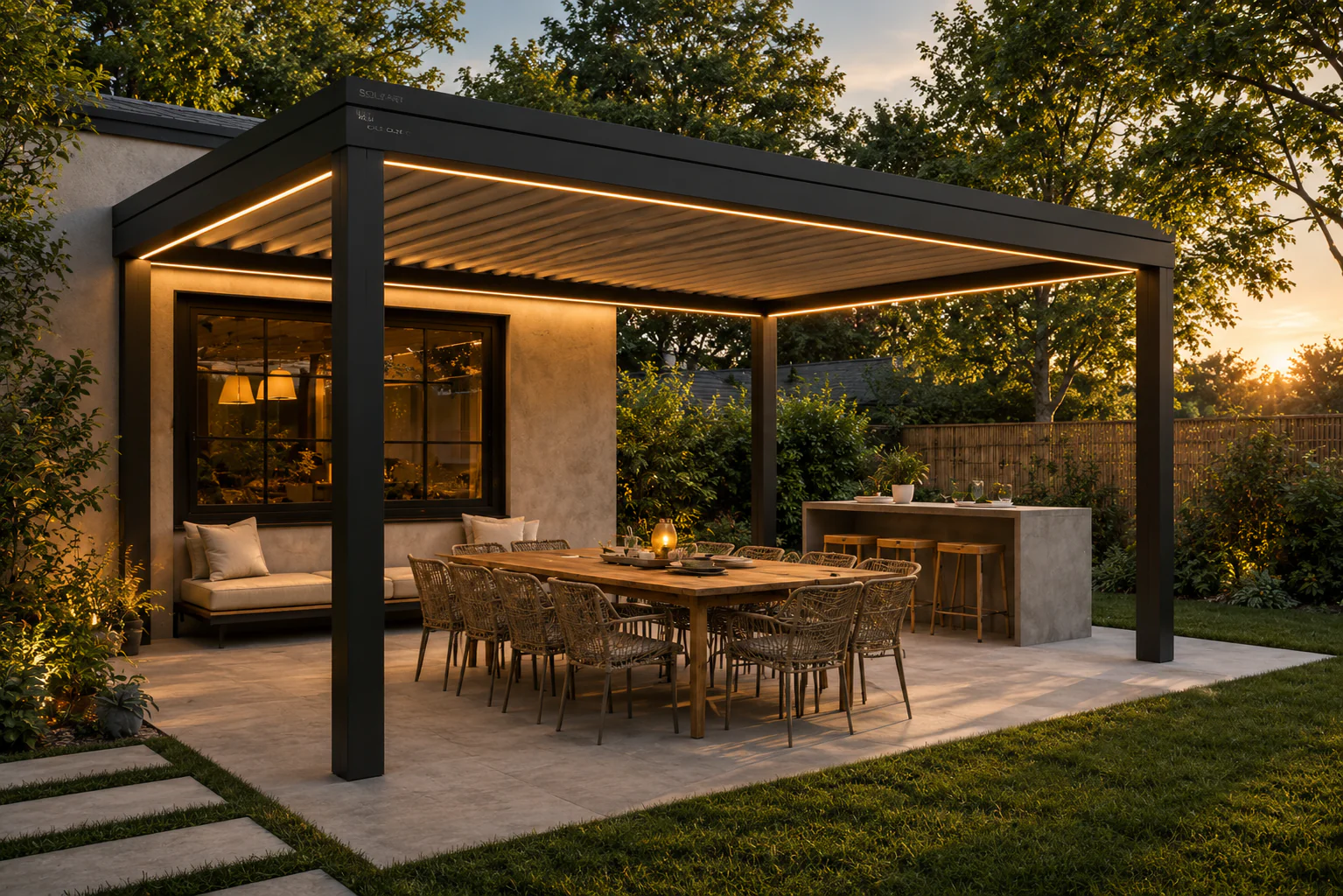 Pergola aluminium SOLE/ART entretenue sur une terrasse