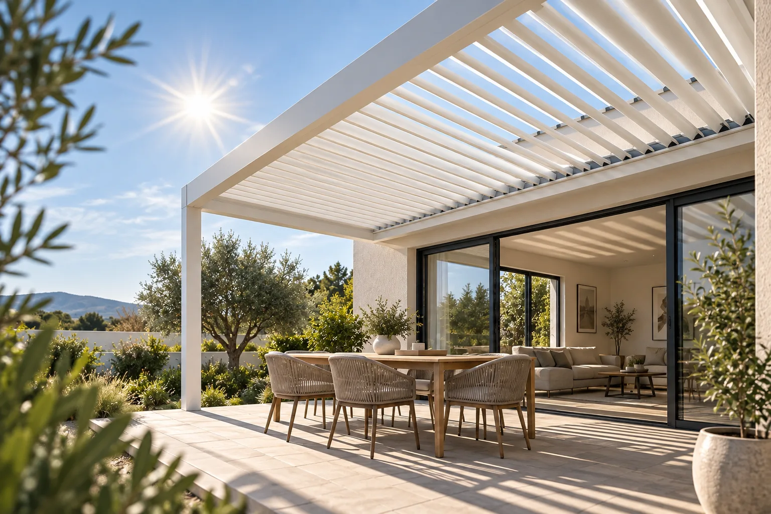 Pergola bioclimatique à lames orientables blanches devant une baie vitrée