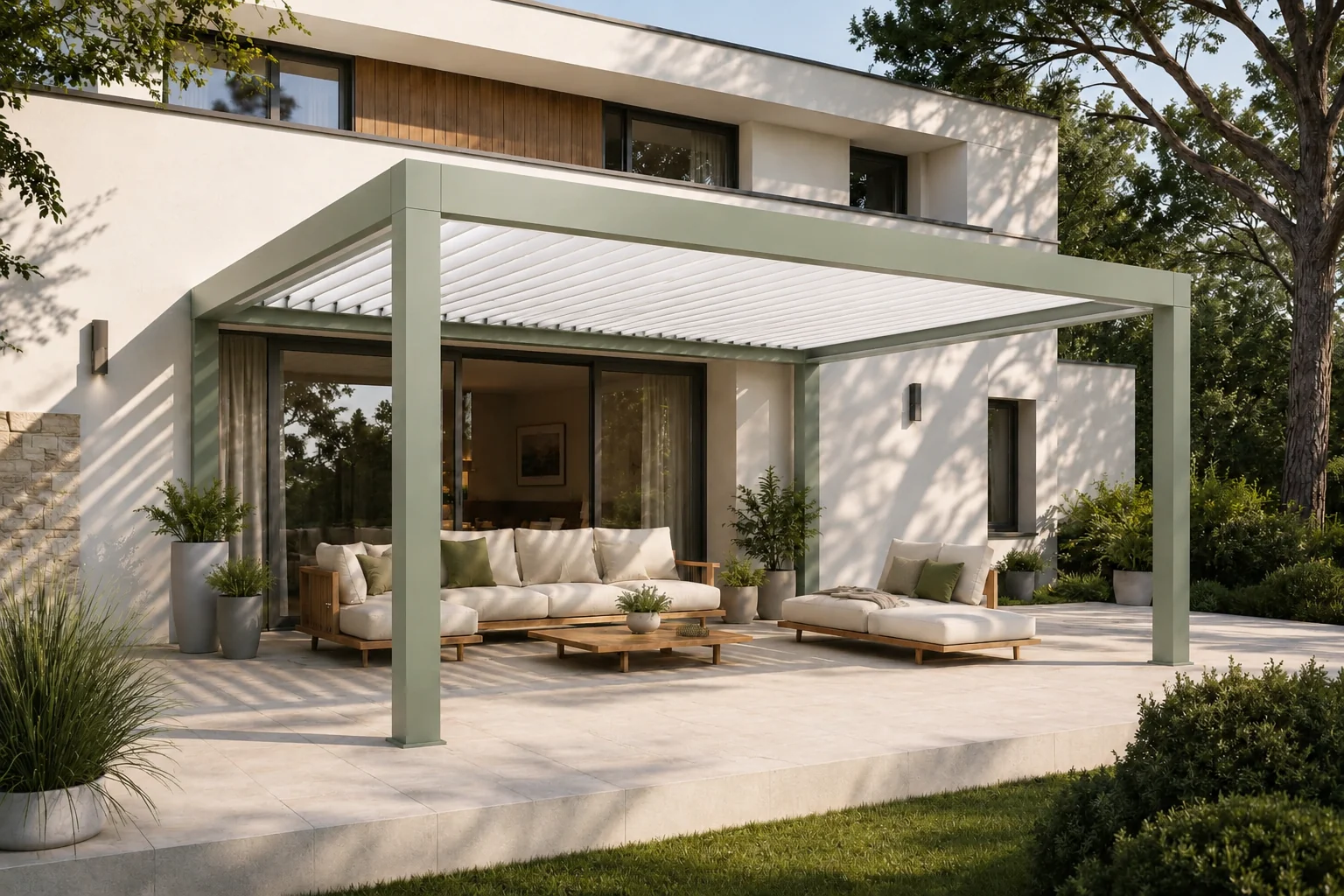 Pergola bioclimatique aluminium SOLE/ART sur une terrasse contemporaine