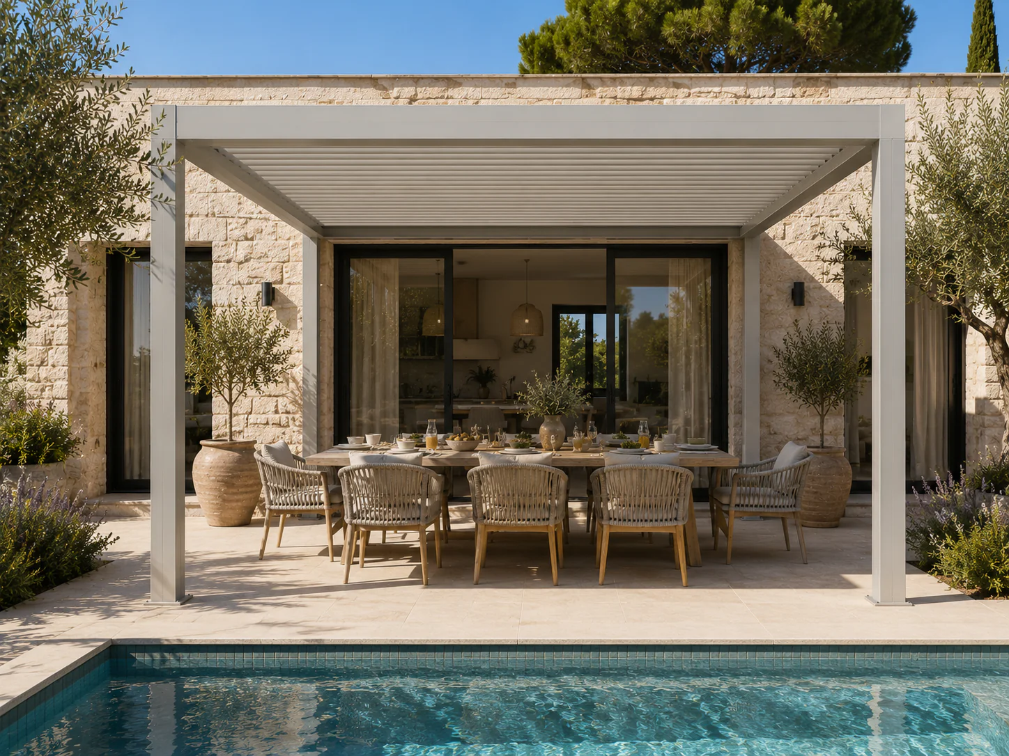 Pergola aluminium sur une terrasse méditerranéenne