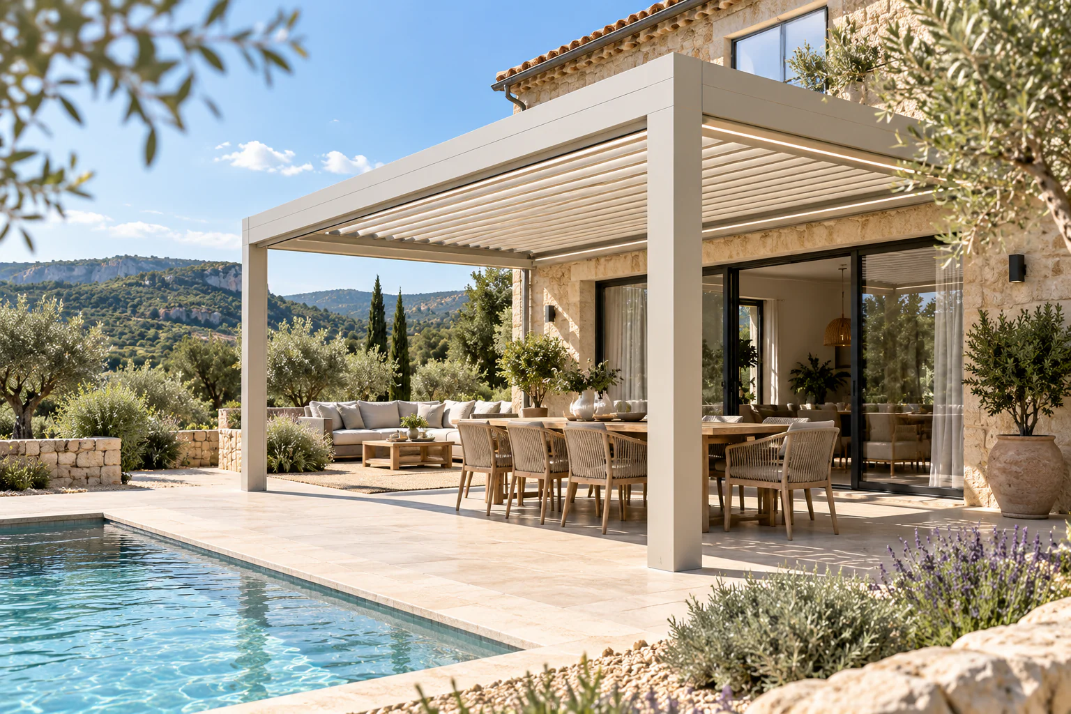 Pergola bioclimatique sur une maison en pierre