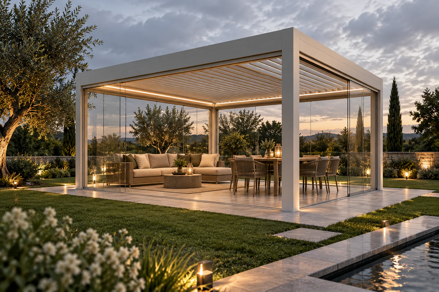 Pergola autoportante installée dans un jardin