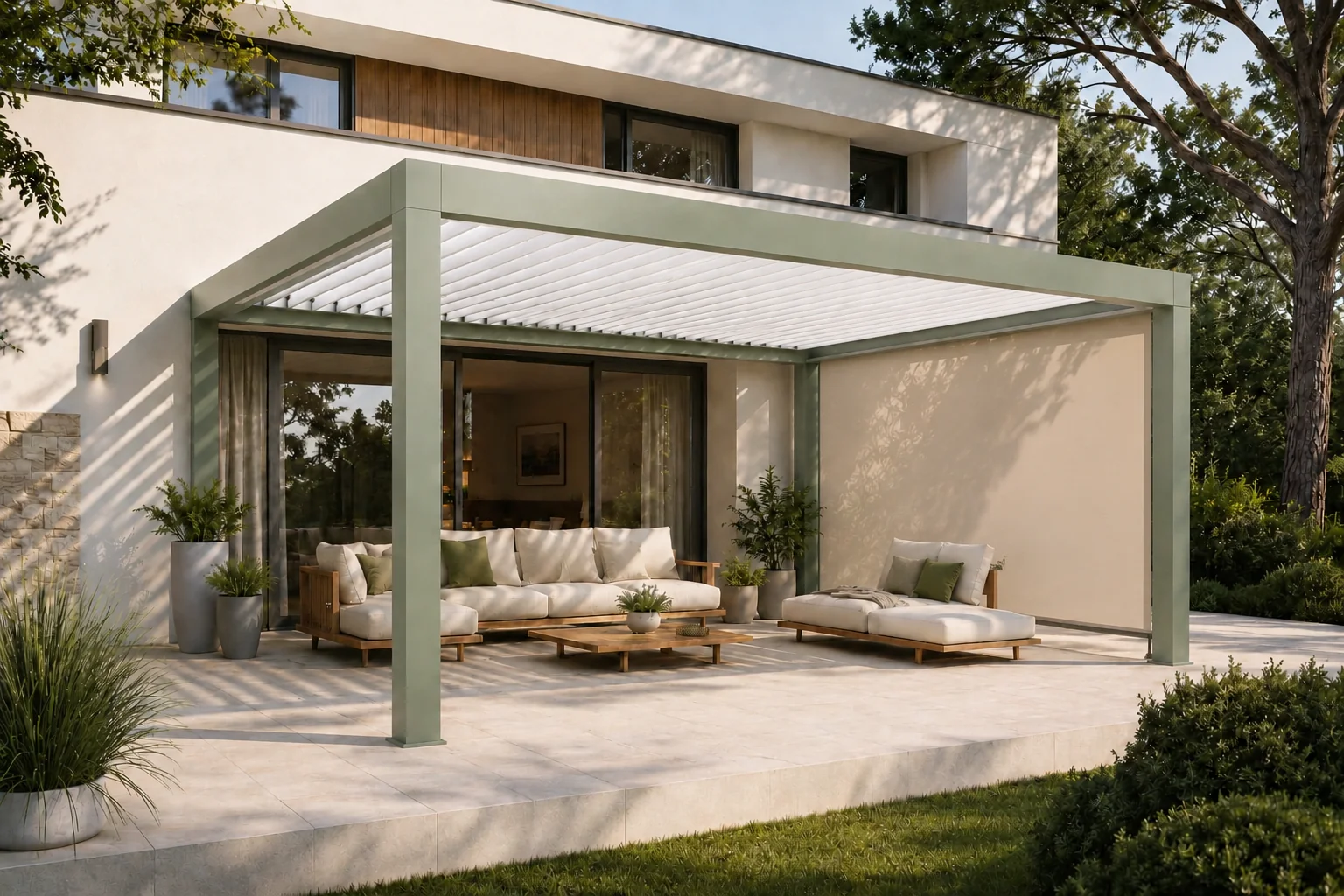 Pergola bioclimatique SOLE/ART sauge avec store vertical beige