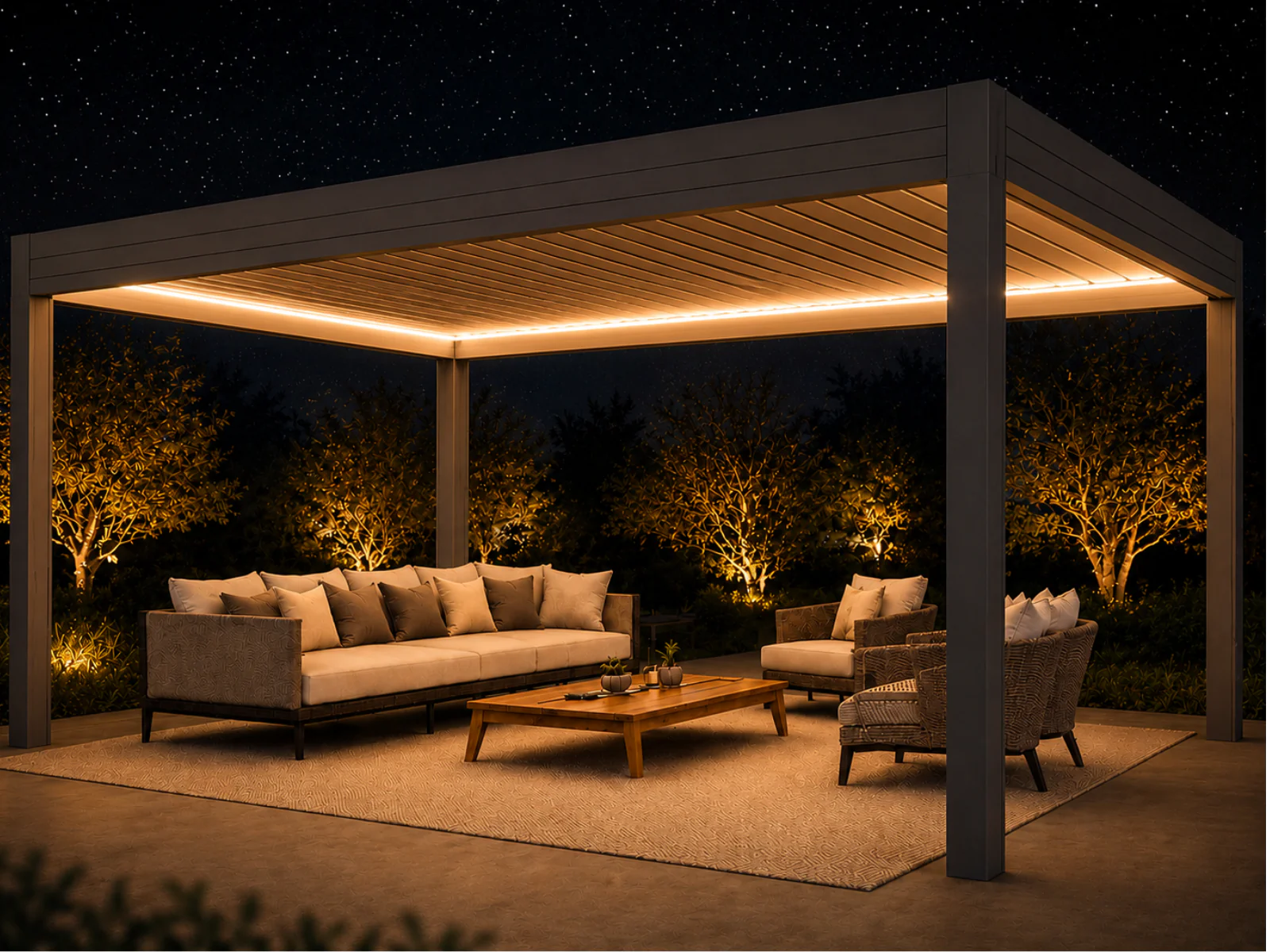Pergola bioclimatique avec éclairage LED le soir