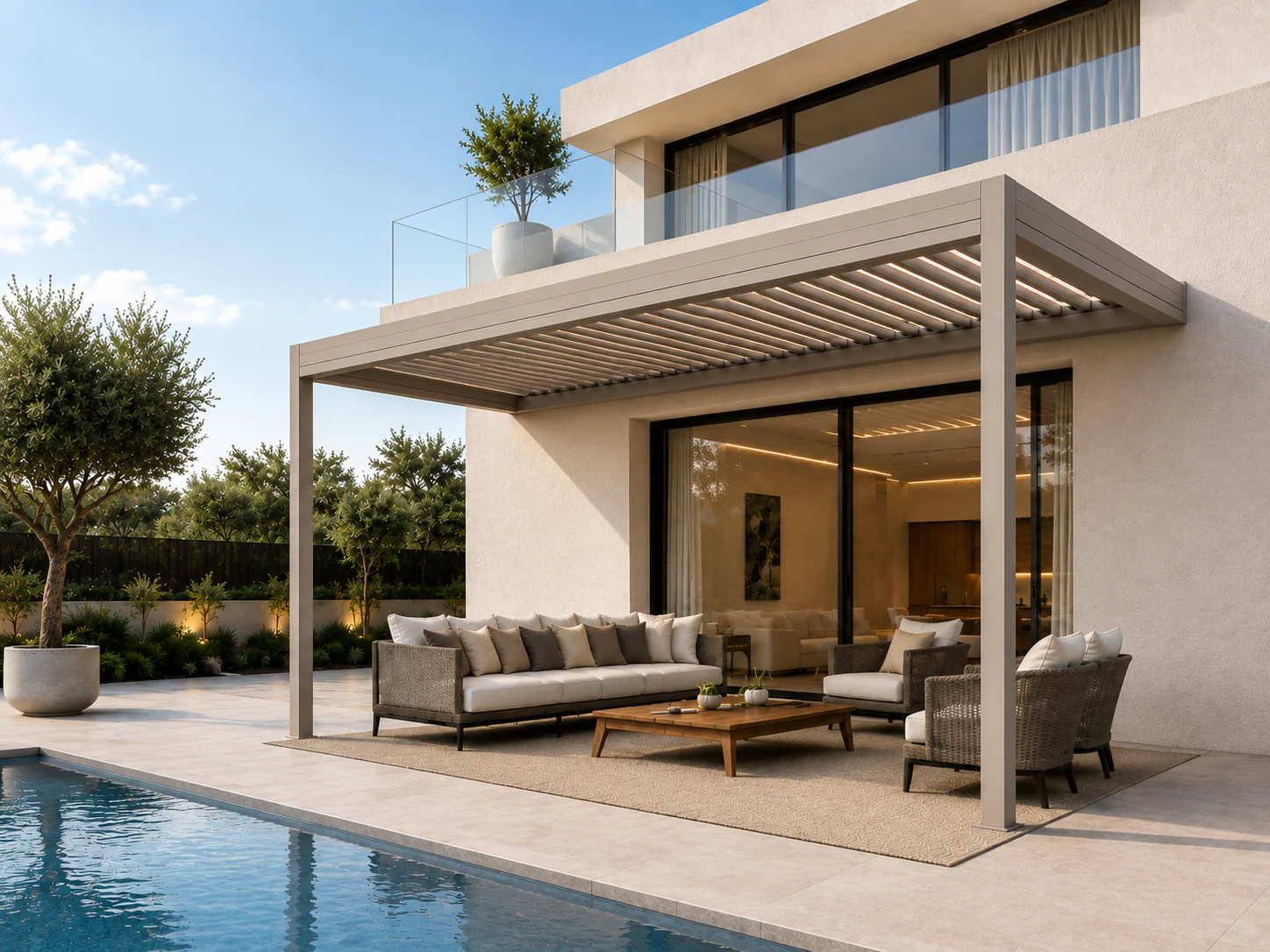 Pergola bioclimatique adossée à une maison
